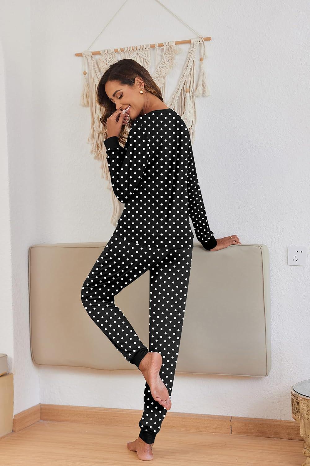 imageEkouaer Pajamas For Women Comfy Long Sleeve Jogger Set Lounge Pjs Set With PocketsPolka Dotsblack