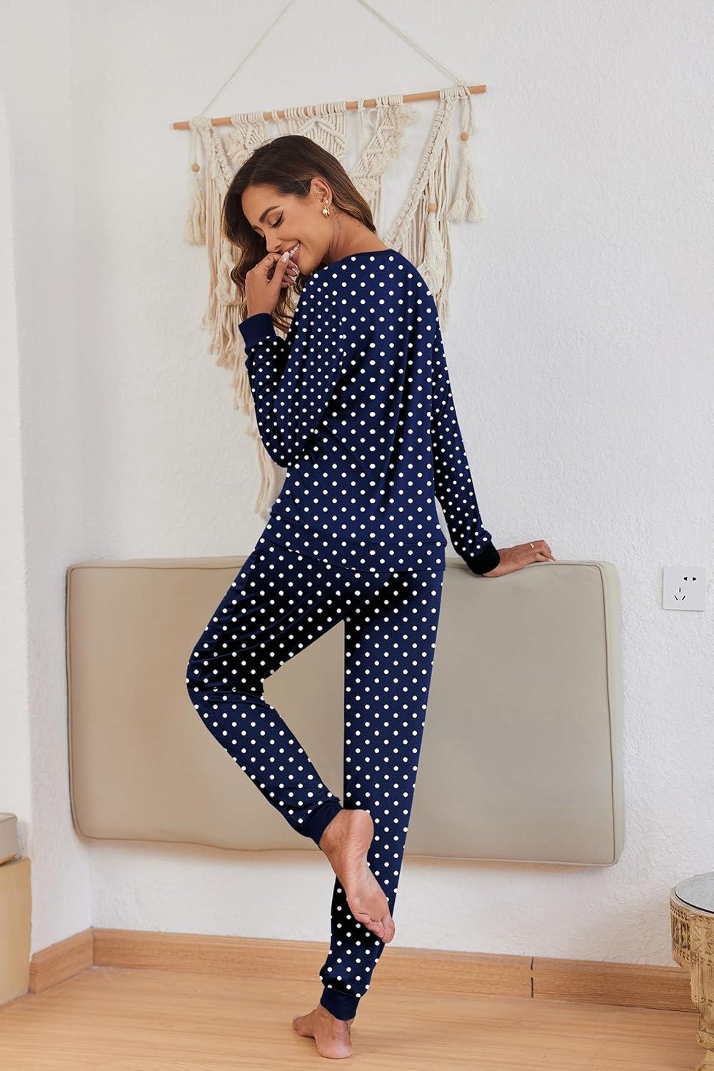 imageEkouaer Pajamas For Women Comfy Long Sleeve Jogger Set Lounge Pjs Set With PocketsPolka Dotsnavy Blue
