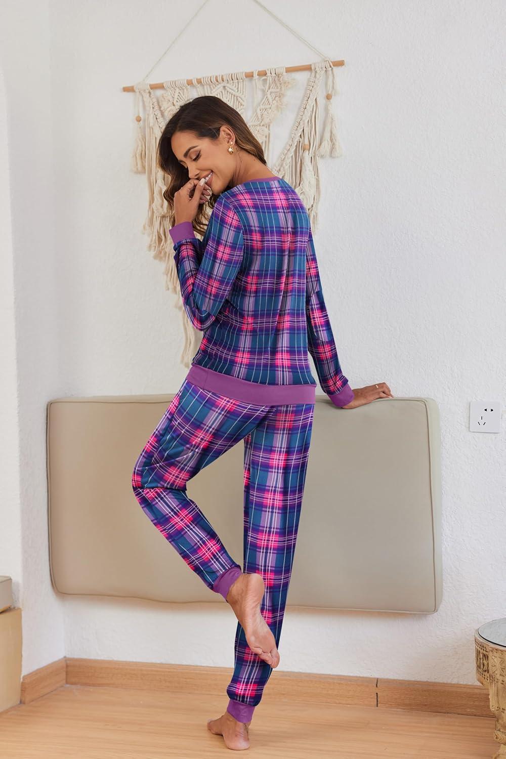 imageEkouaer Pajamas For Women Comfy Long Sleeve Jogger Set Lounge Pjs Set With PocketsPurple Plaid