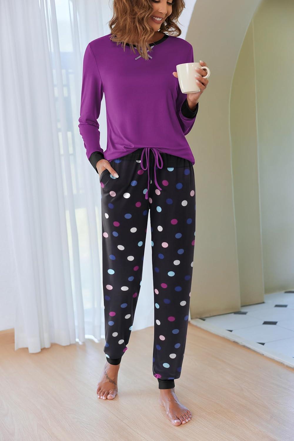 imageEkouaer Pajamas For Women Comfy Long Sleeve Jogger Set Lounge Pjs Set With PocketsPurple Polka Dots