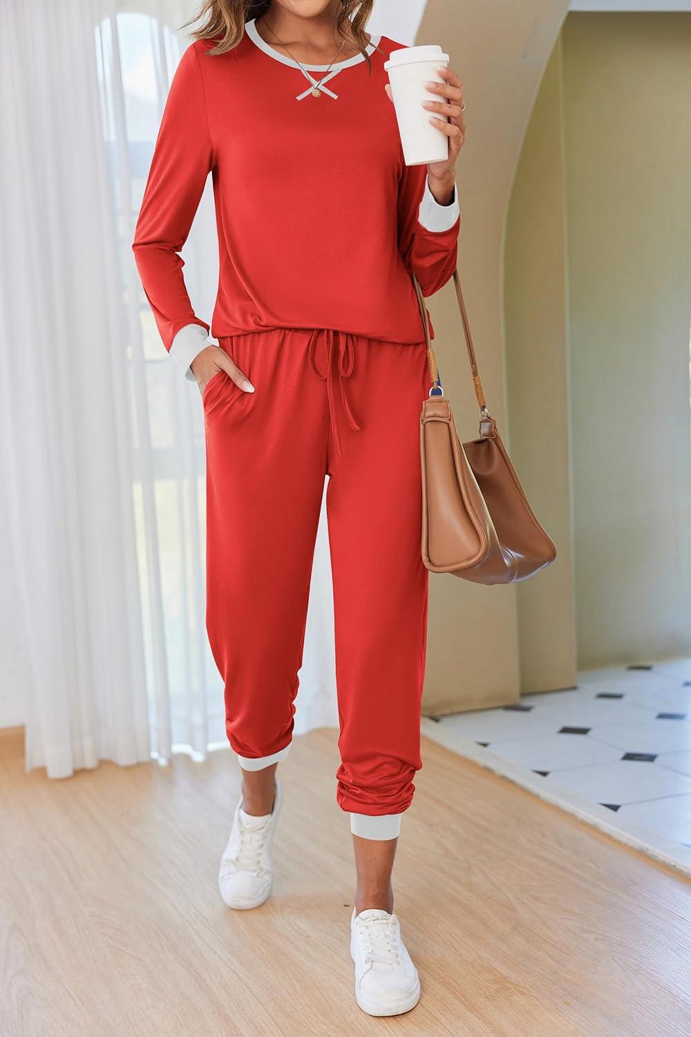 imageEkouaer Pajamas For Women Comfy Long Sleeve Jogger Set Lounge Pjs Set With PocketsRed