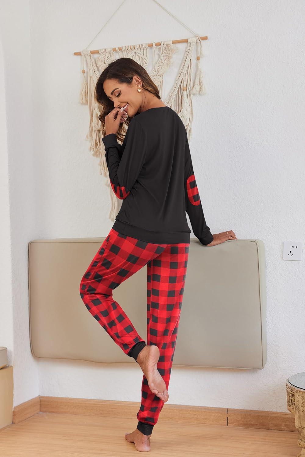 imageEkouaer Pajamas For Women Comfy Long Sleeve Jogger Set Lounge Pjs Set With PocketsRed Plaid