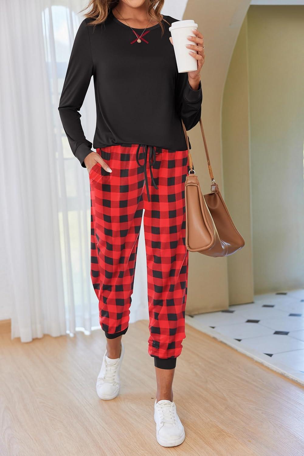 imageEkouaer Pajamas For Women Comfy Long Sleeve Jogger Set Lounge Pjs Set With PocketsRed Plaid