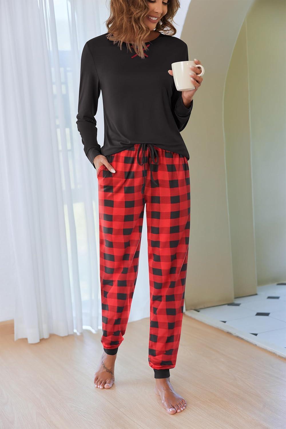 imageEkouaer Pajamas For Women Comfy Long Sleeve Jogger Set Lounge Pjs Set With PocketsRed Plaid