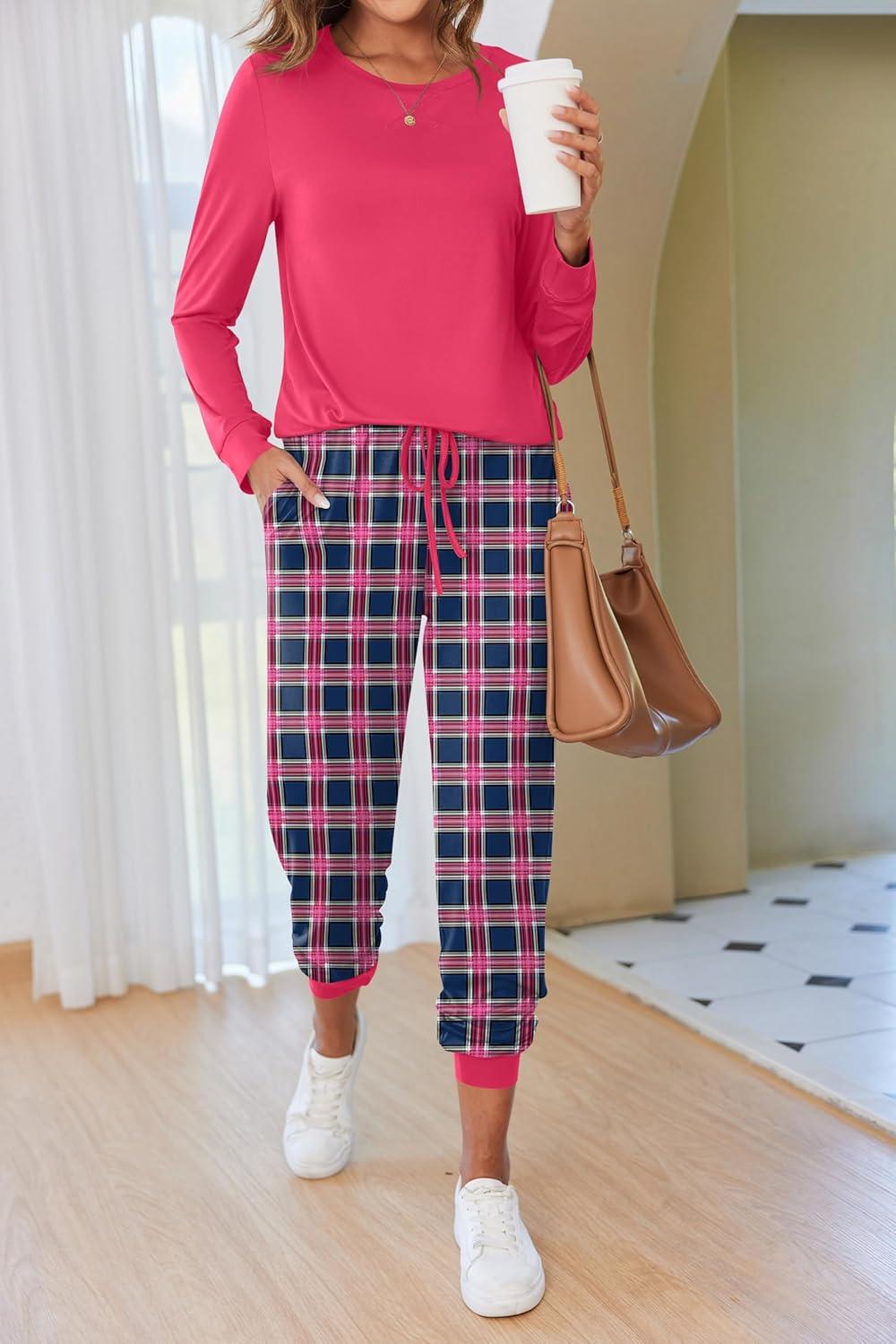 imageEkouaer Pajamas For Women Comfy Long Sleeve Jogger Set Lounge Pjs Set With PocketsRose Plaid