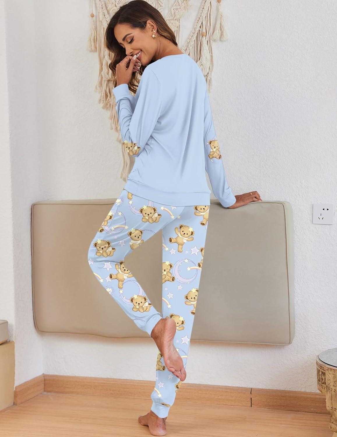 imageEkouaer Pajamas For Women Comfy Long Sleeve Jogger Set Lounge Pjs Set With PocketsTeddyblue