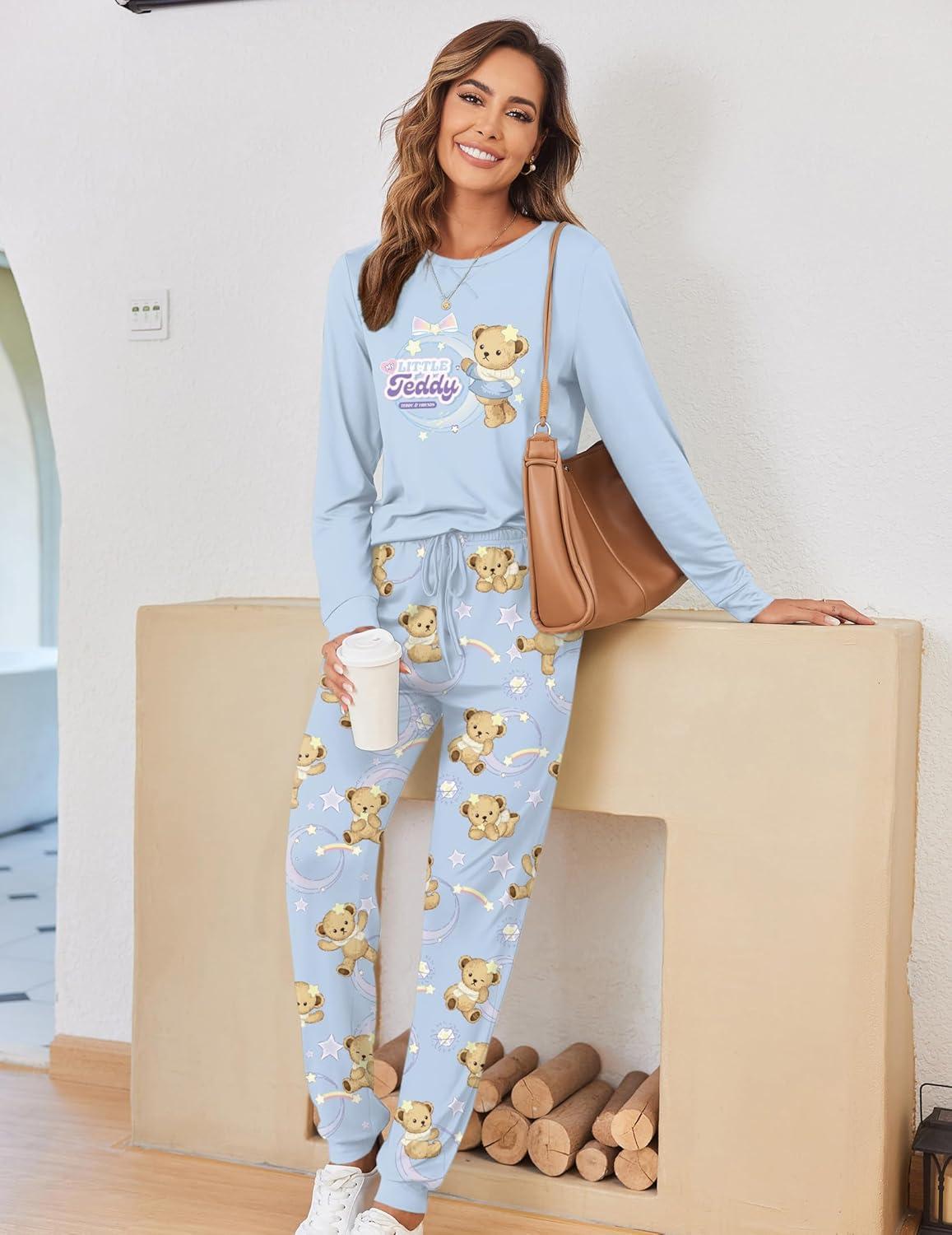 imageEkouaer Pajamas For Women Comfy Long Sleeve Jogger Set Lounge Pjs Set With PocketsTeddyblue