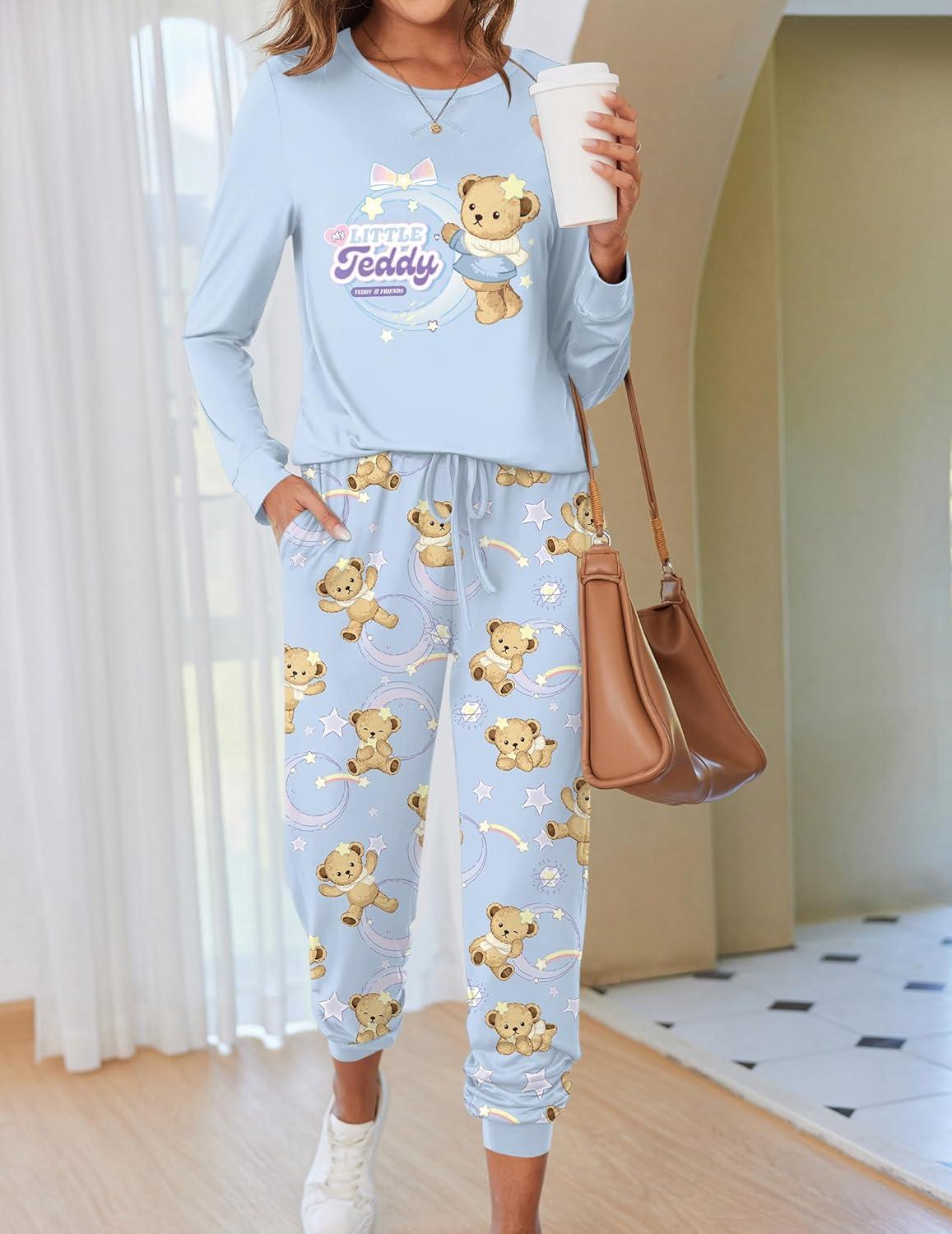 imageEkouaer Pajamas For Women Comfy Long Sleeve Jogger Set Lounge Pjs Set With PocketsTeddyblue