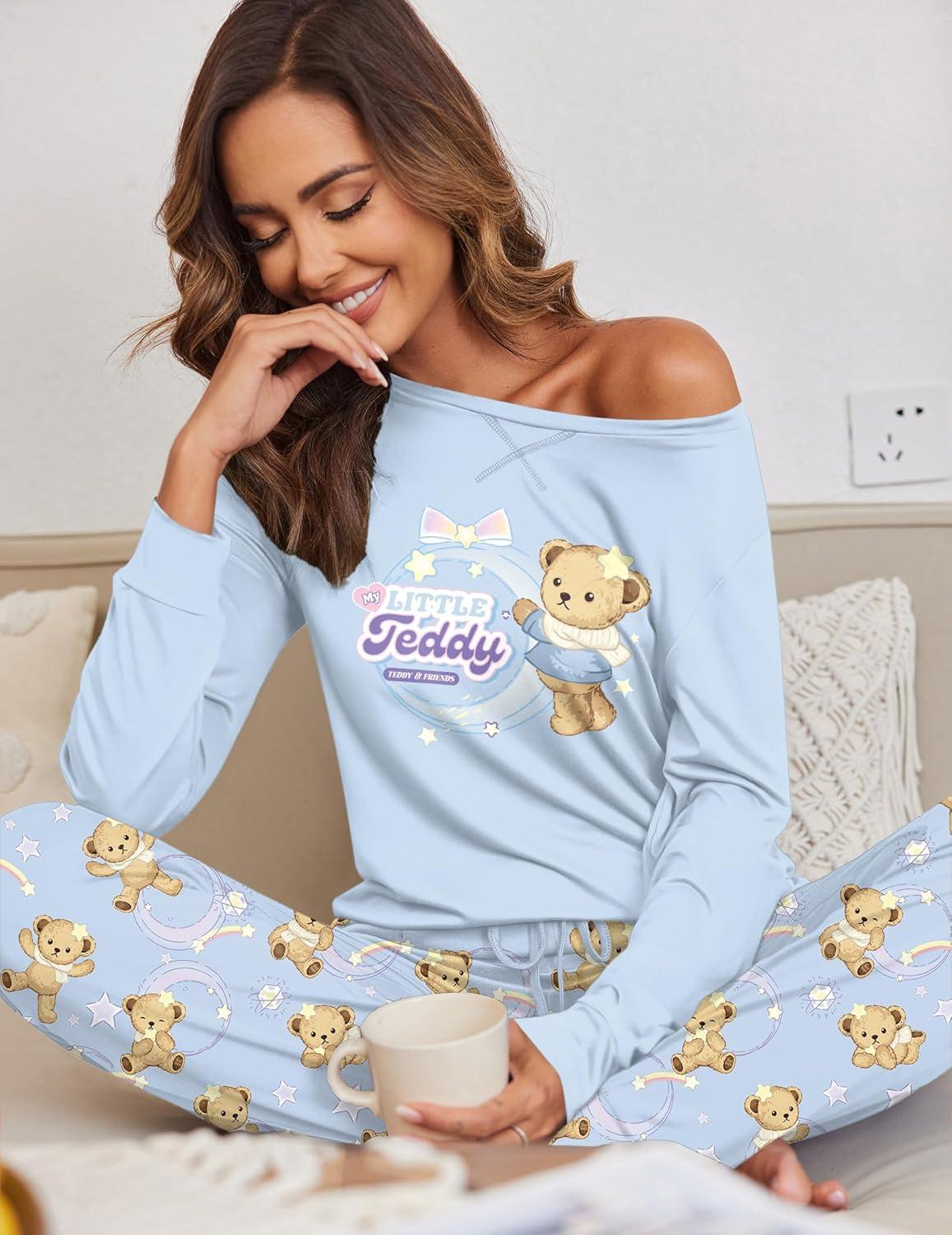 imageEkouaer Pajamas For Women Comfy Long Sleeve Jogger Set Lounge Pjs Set With PocketsTeddyblue