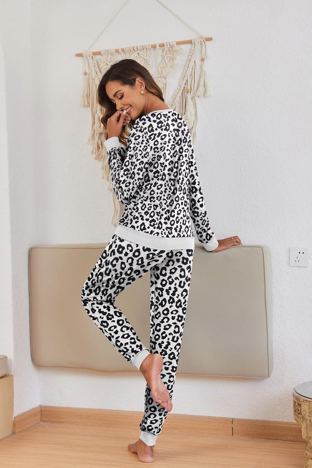 imageEkouaer Pajamas For Women Comfy Long Sleeve Jogger Set Lounge Pjs Set With PocketsWhite Leopard
