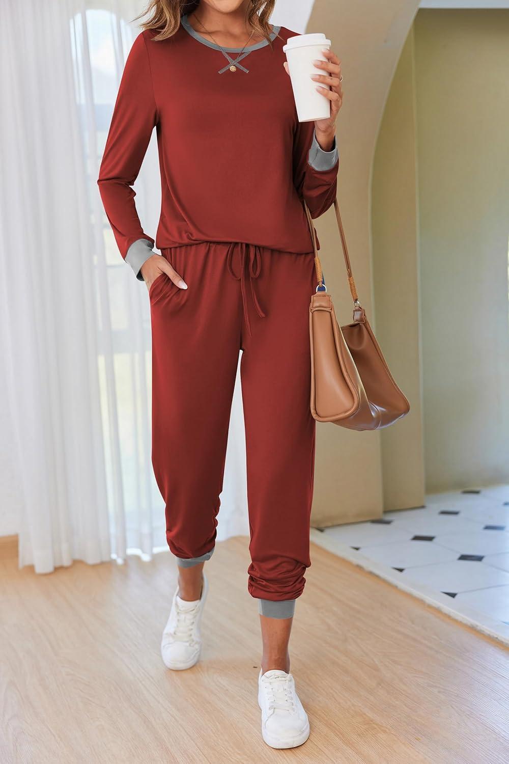 imageEkouaer Pajamas For Women Comfy Long Sleeve Jogger Set Lounge Pjs Set With PocketsWind Red