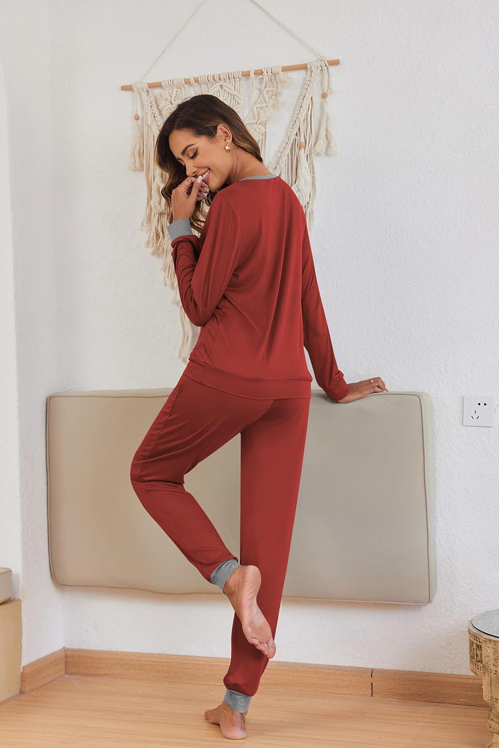 imageEkouaer Pajamas For Women Comfy Long Sleeve Jogger Set Lounge Pjs Set With PocketsWind Red