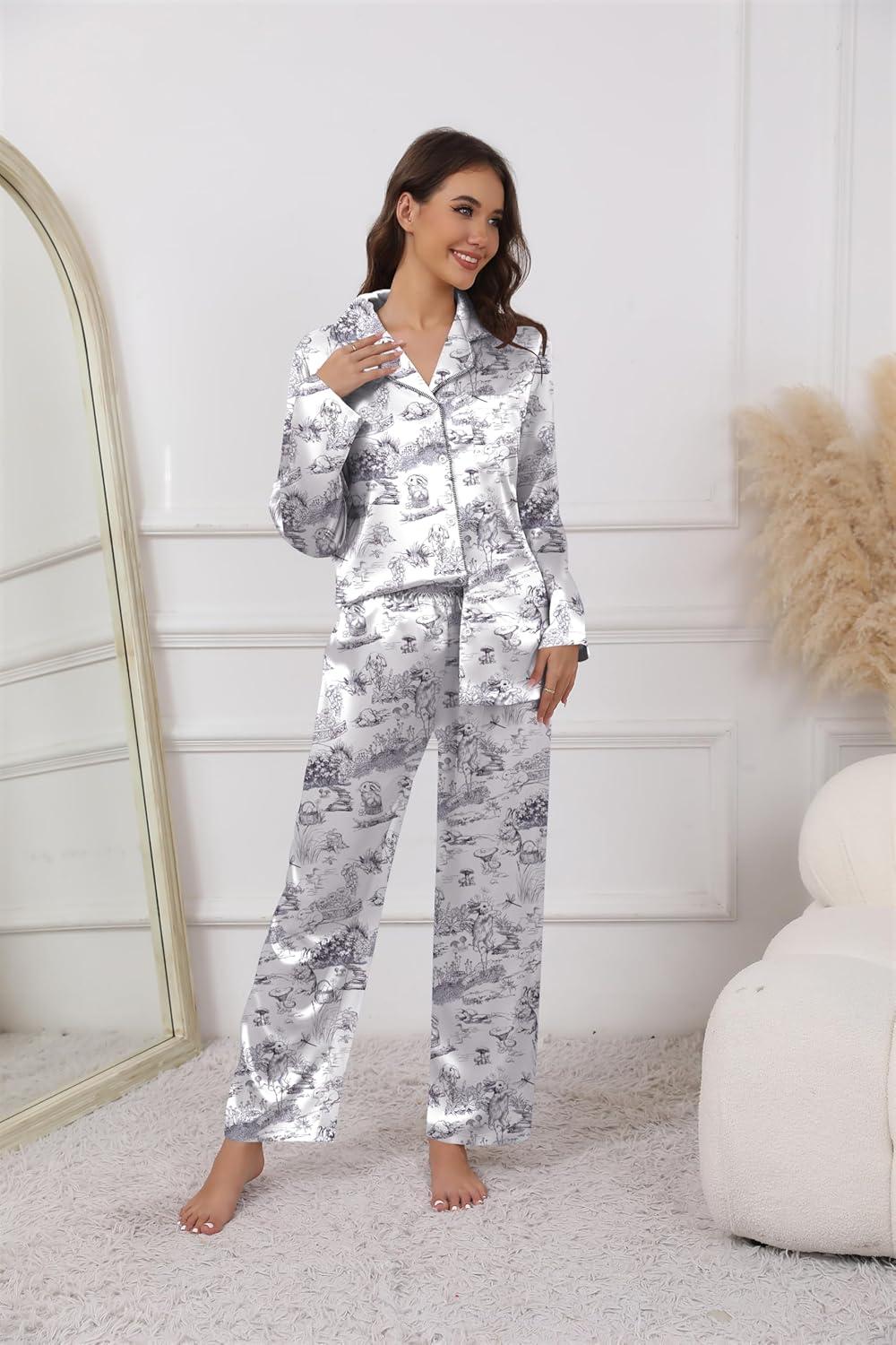 imageEkouaer Pajamas For Women Set Silk Pjs 2 Piece Satin Sleepwear Long Sleeve Button Down Lounge Sets With PantBlack Rabbit