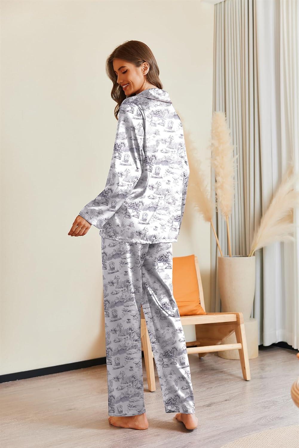 imageEkouaer Pajamas For Women Set Silk Pjs 2 Piece Satin Sleepwear Long Sleeve Button Down Lounge Sets With PantBlack Rabbit