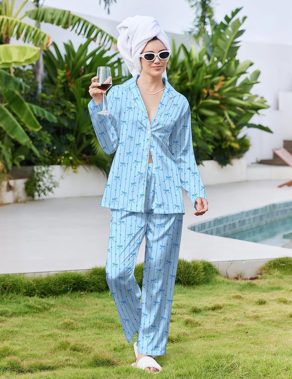 imageEkouaer Pajamas For Women Set Silk Pjs 2 Piece Satin Sleepwear Long Sleeve Button Down Lounge Sets With PantBlue Bow Stripe