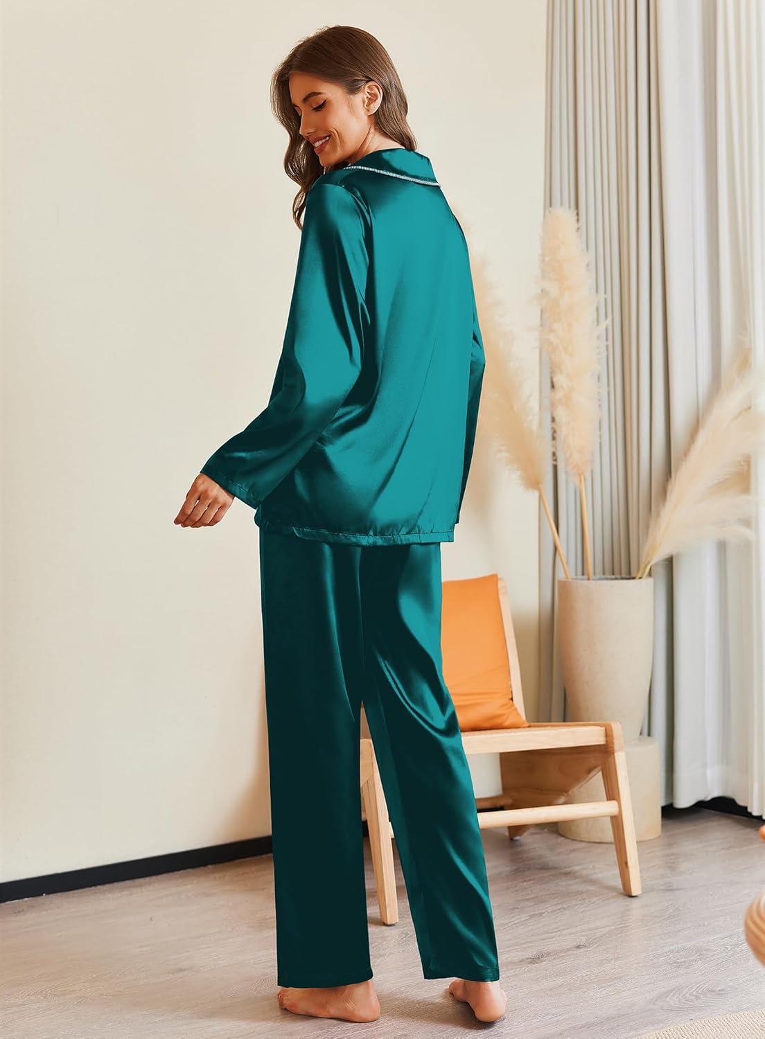 imageEkouaer Pajamas For Women Set Silk Pjs 2 Piece Satin Sleepwear Long Sleeve Button Down Lounge Sets With PantBlue Green