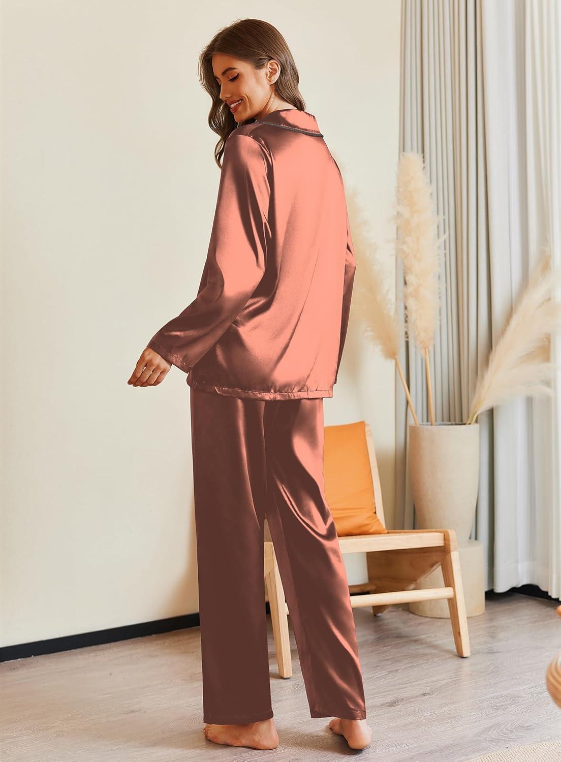 imageEkouaer Pajamas For Women Set Silk Pjs 2 Piece Satin Sleepwear Long Sleeve Button Down Lounge Sets With PantCaramel