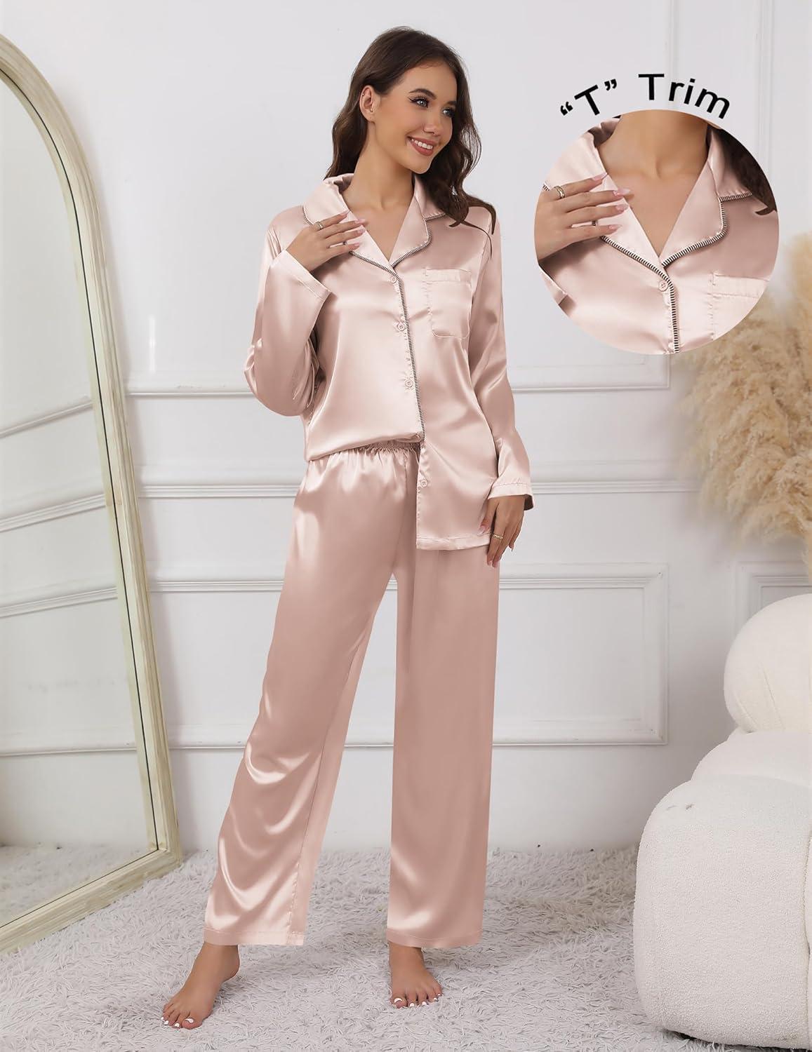 imageEkouaer Pajamas For Women Set Silk Pjs 2 Piece Satin Sleepwear Long Sleeve Button Down Lounge Sets With PantChampagne