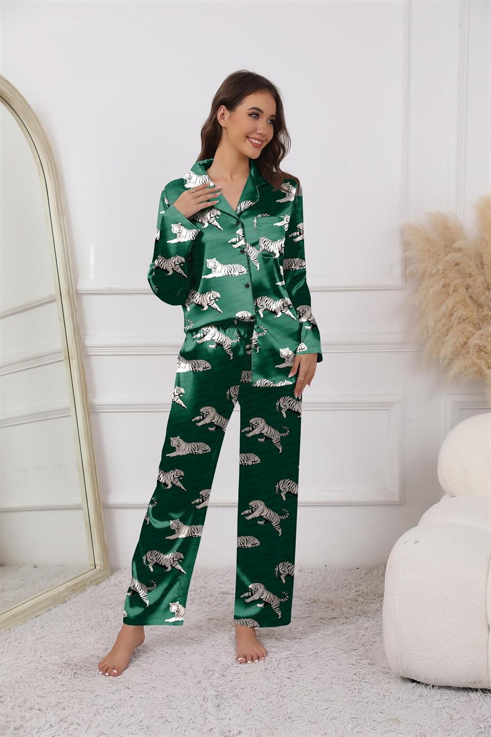 imageEkouaer Pajamas For Women Set Silk Pjs 2 Piece Satin Sleepwear Long Sleeve Button Down Lounge Sets With PantGreen With Tiger