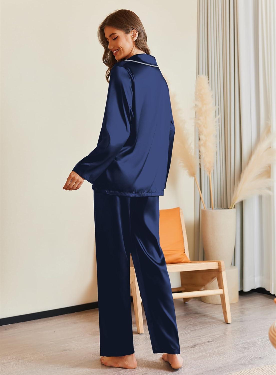 imageEkouaer Pajamas For Women Set Silk Pjs 2 Piece Satin Sleepwear Long Sleeve Button Down Lounge Sets With PantNavy Blue