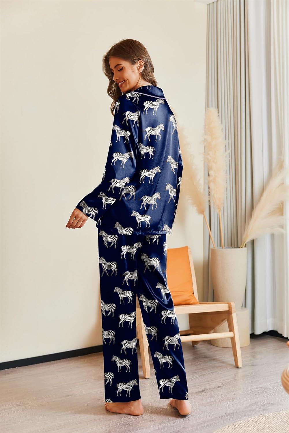 imageEkouaer Pajamas For Women Set Silk Pjs 2 Piece Satin Sleepwear Long Sleeve Button Down Lounge Sets With PantNavy With Zebra