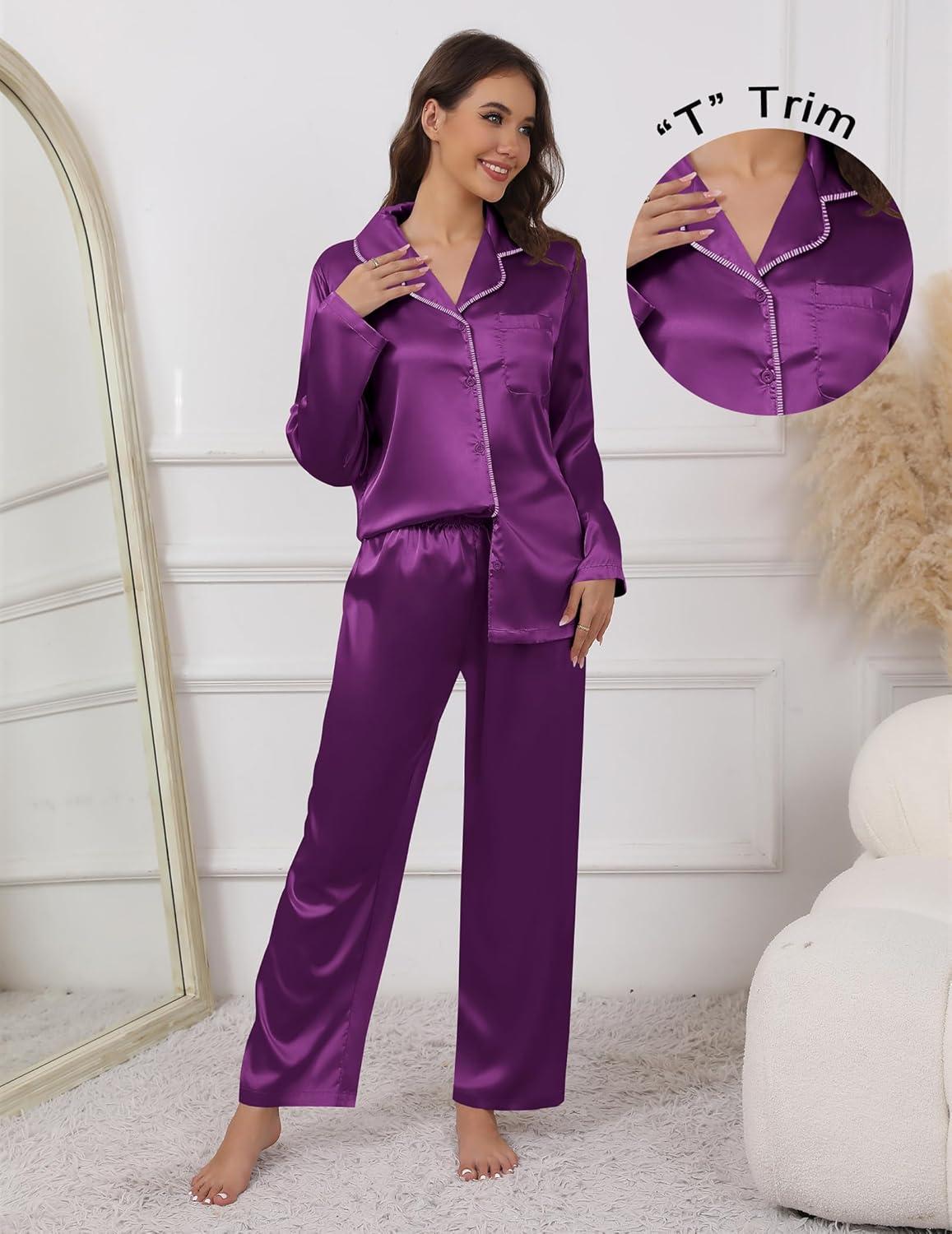 imageEkouaer Pajamas For Women Set Silk Pjs 2 Piece Satin Sleepwear Long Sleeve Button Down Lounge Sets With PantPurple
