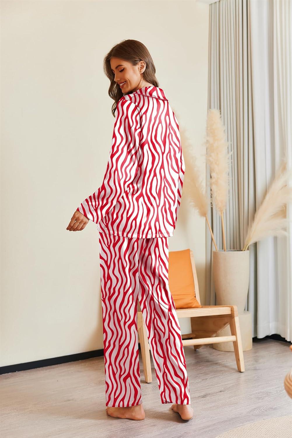 imageEkouaer Pajamas For Women Set Silk Pjs 2 Piece Satin Sleepwear Long Sleeve Button Down Lounge Sets With PantRed Zebra Print