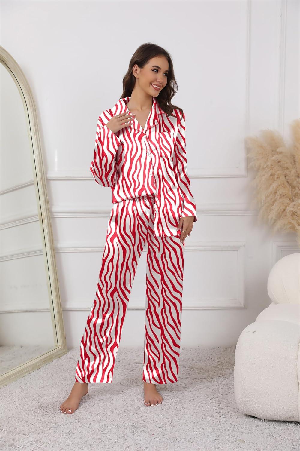 imageEkouaer Pajamas For Women Set Silk Pjs 2 Piece Satin Sleepwear Long Sleeve Button Down Lounge Sets With PantRed Zebra Print