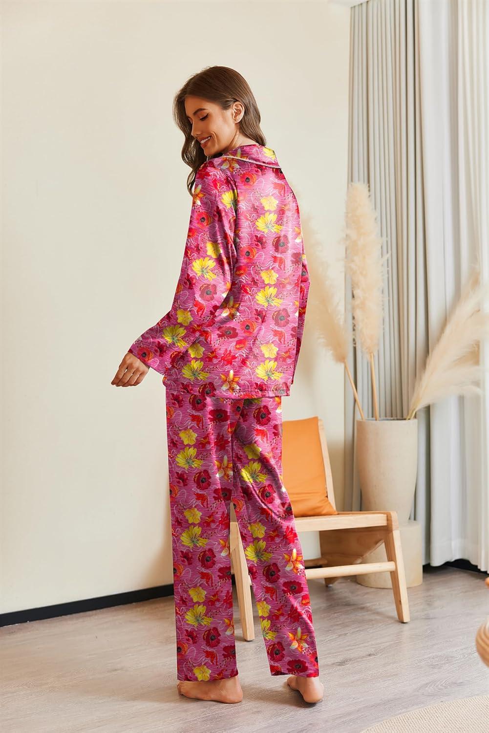 imageEkouaer Pajamas For Women Set Silk Pjs 2 Piece Satin Sleepwear Long Sleeve Button Down Lounge Sets With PantRose Red With Flower
