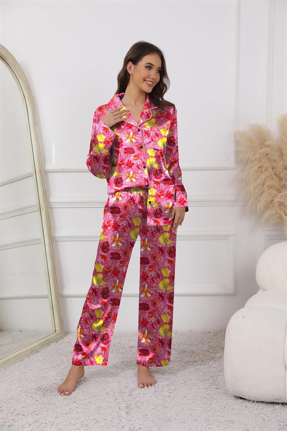 imageEkouaer Pajamas For Women Set Silk Pjs 2 Piece Satin Sleepwear Long Sleeve Button Down Lounge Sets With PantRose Red With Flower