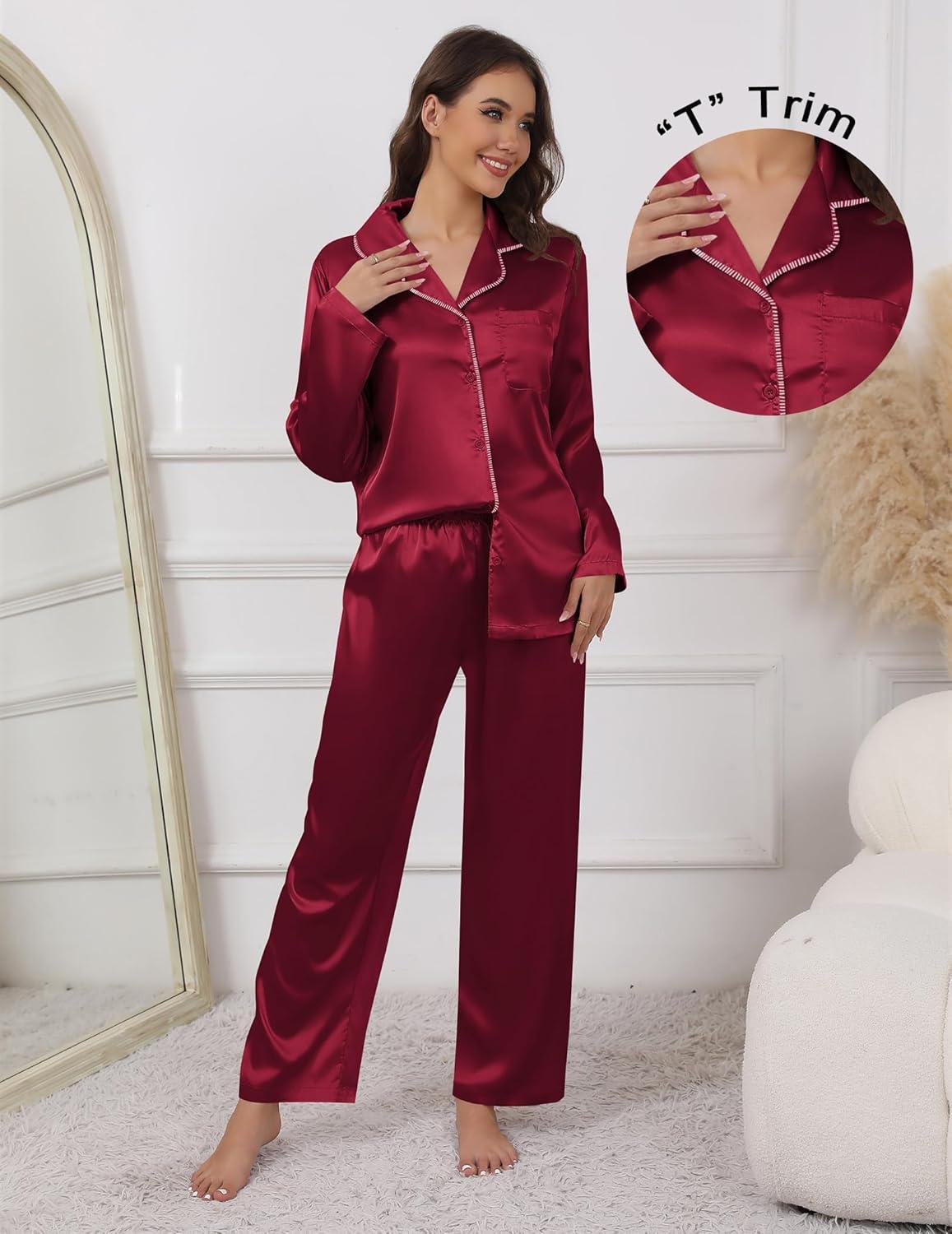 imageEkouaer Pajamas For Women Set Silk Pjs 2 Piece Satin Sleepwear Long Sleeve Button Down Lounge Sets With PantWine Red