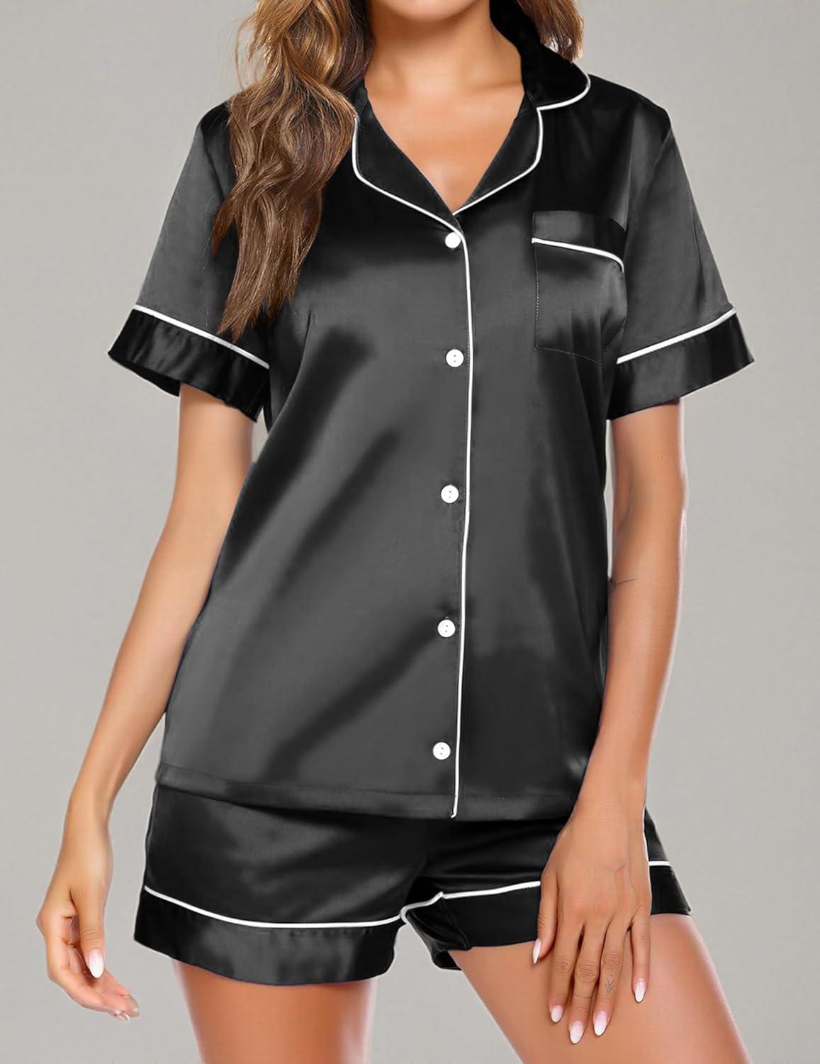 imageEkouaer Pajamas for Women Set Silk Satin Pjs Button Down Sleepwear Summer Loungewear Top and Shorts Lounge Set SXXLBlack