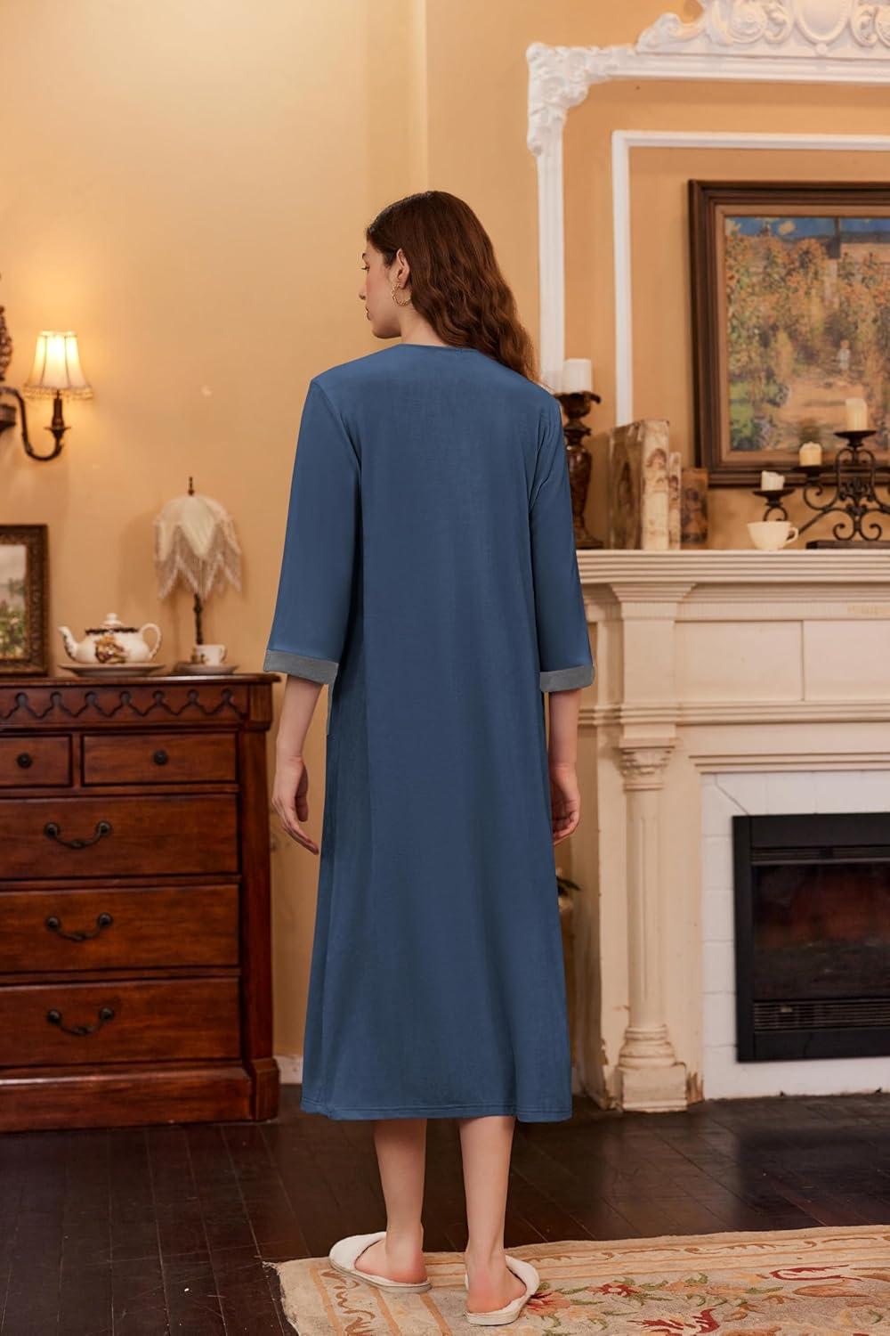 imageEkouaer Robe for Women Velour Zipper Robe 34 Sleeves Housecoat Full Length Loungewear Long Bathrobe with PocketsVelournavy Blue