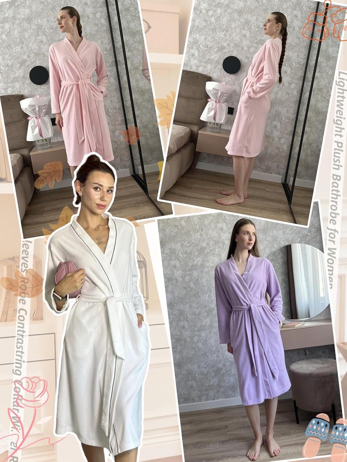 imageEkouaer Robes for Women Long Sleeves Bathrobe V Neck Cozy Housecoat Lightweight Fleece Robe with Pockets SXXLLight Blue
