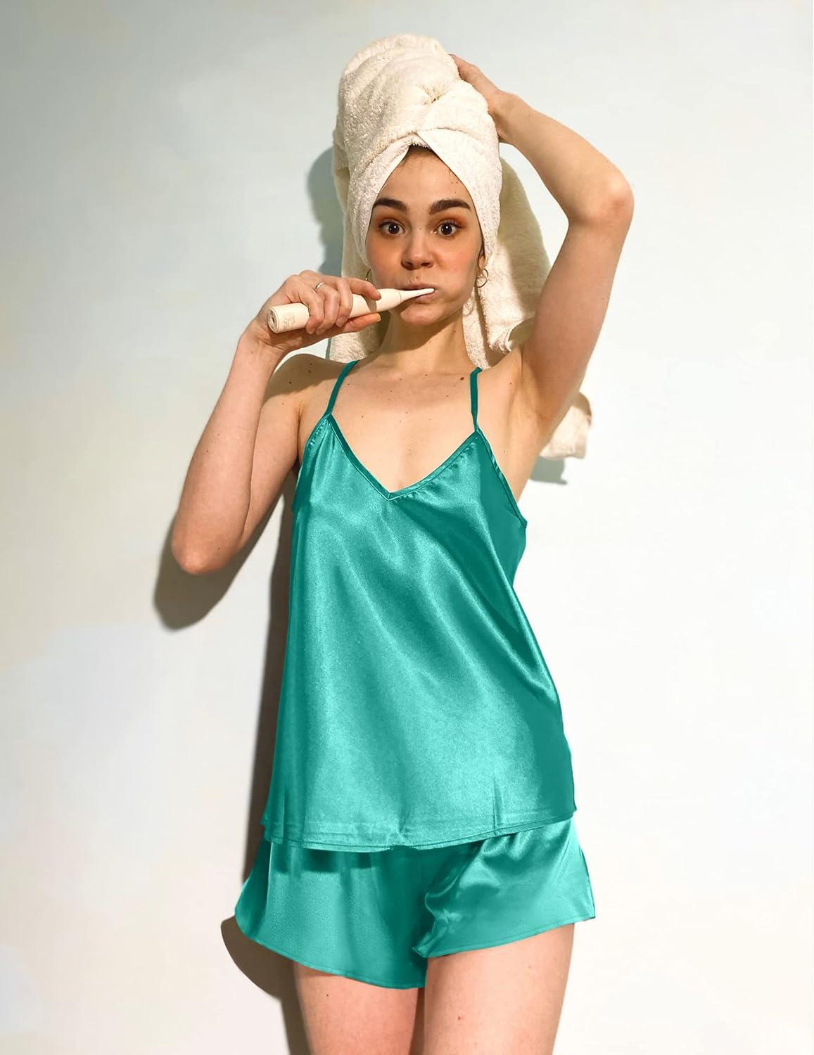 imageEkouaer Silk Pajamas for Women Satin Cami Pjs Set V Neck Camisole Shorts Set Adjustable Strap SleepwearBlue Green