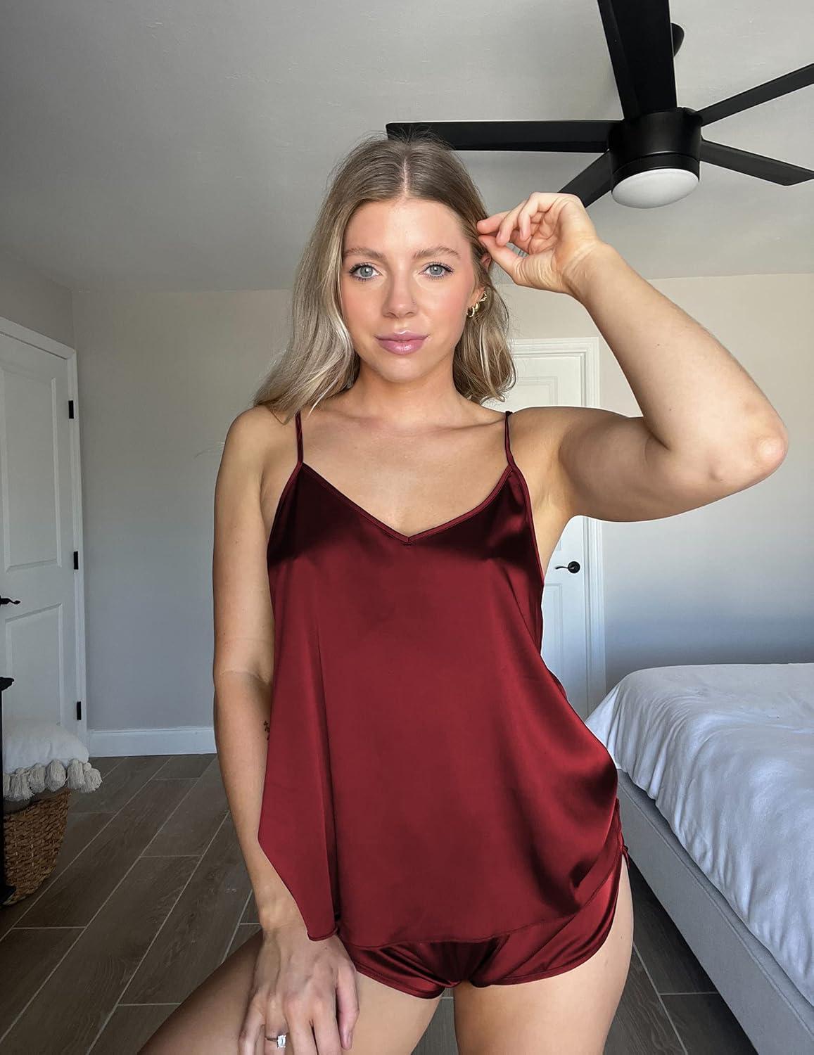 imageEkouaer Silk Pajamas for Women Satin Cami Pjs Set V Neck Camisole Shorts Set Adjustable Strap SleepwearDark Red