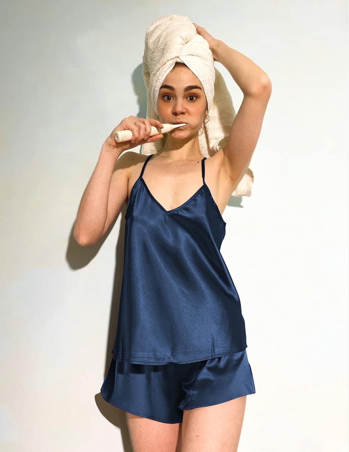 imageEkouaer Silk Pajamas for Women Satin Cami Pjs Set V Neck Camisole Shorts Set Adjustable Strap SleepwearNavy Blue