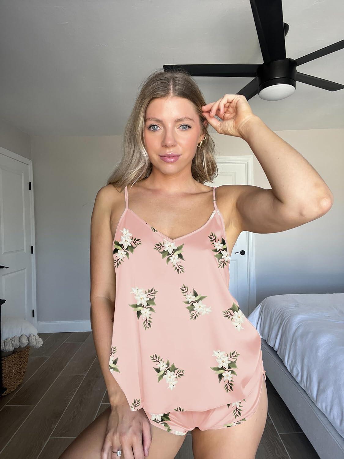 imageEkouaer Silk Pajamas for Women Satin Cami Pjs Set V Neck Camisole Shorts Set Adjustable Strap SleepwearPink Flowers
