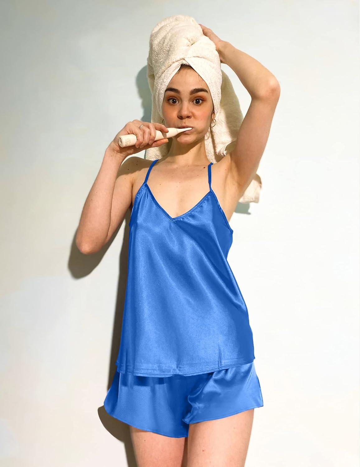 imageEkouaer Silk Pajamas for Women Satin Cami Pjs Set V Neck Camisole Shorts Set Adjustable Strap SleepwearRoyal Blue