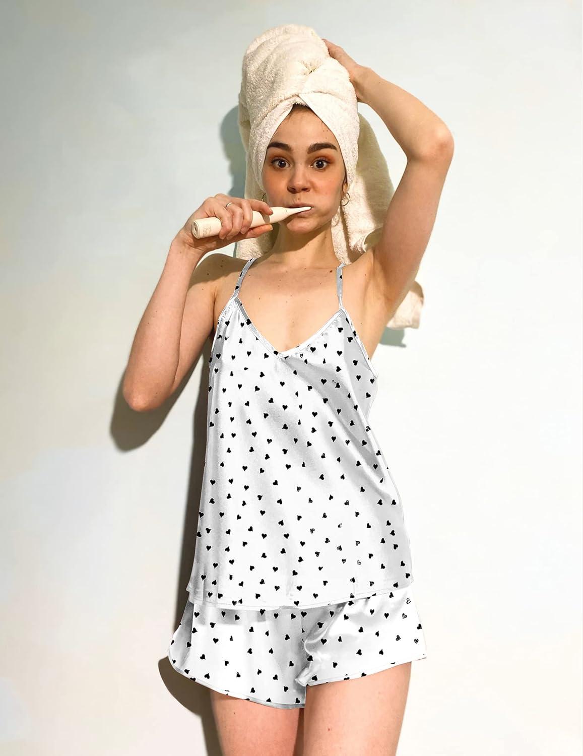 imageEkouaer Silk Pajamas for Women Satin Cami Pjs Set V Neck Camisole Shorts Set Adjustable Strap SleepwearWhite Hearts