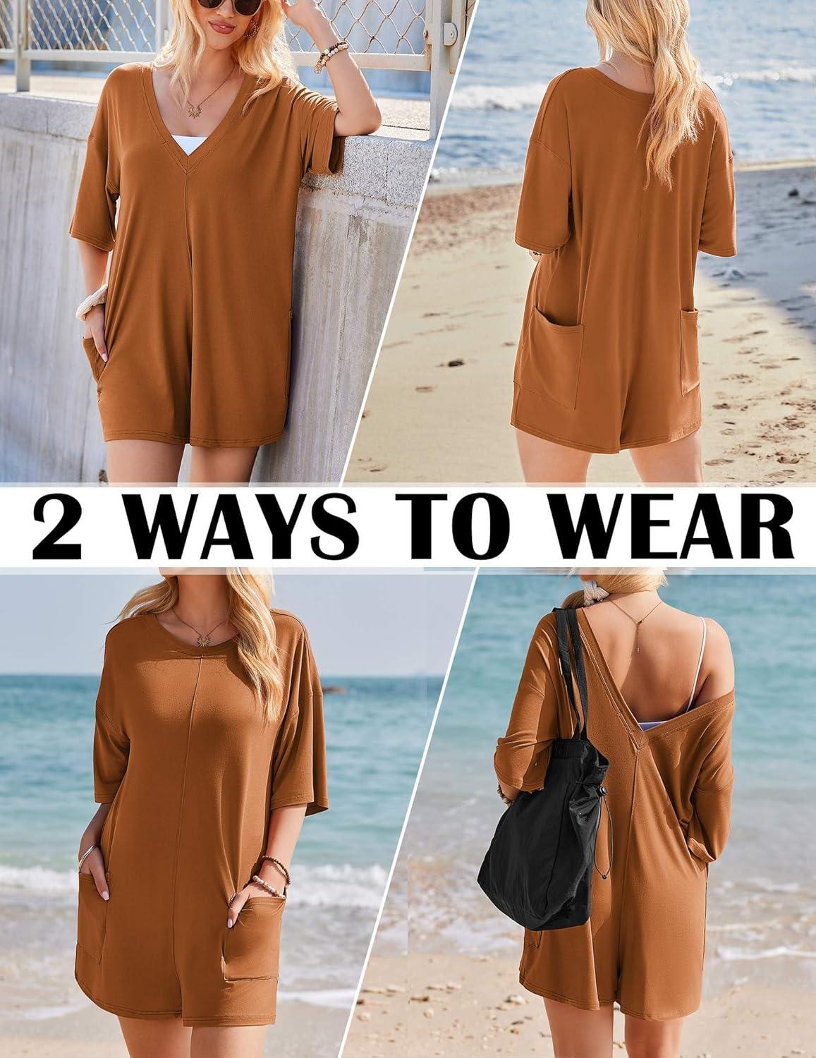 imageEkouaer Summer Rompers for Women Short Sleeve Oversized Tshirt Romper Reversible Baggy Jumpsuit Outfits with PocketsCaramel