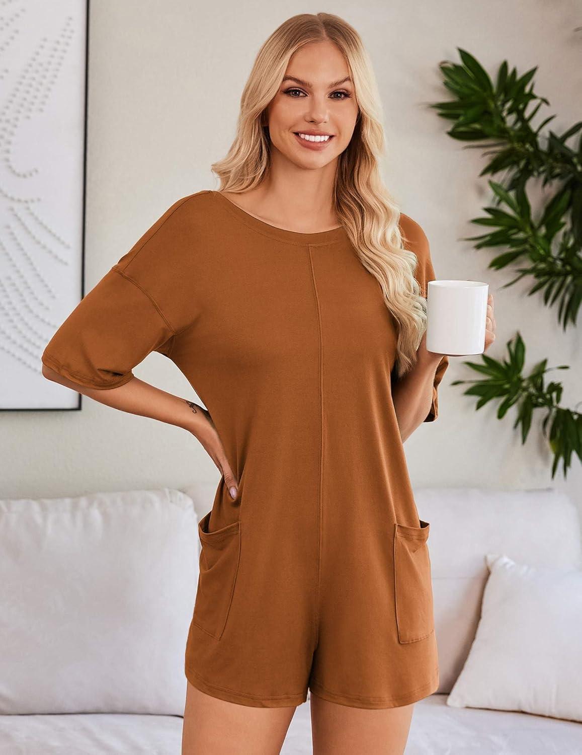 imageEkouaer Summer Rompers for Women Short Sleeve Oversized Tshirt Romper Reversible Baggy Jumpsuit Outfits with PocketsCaramel
