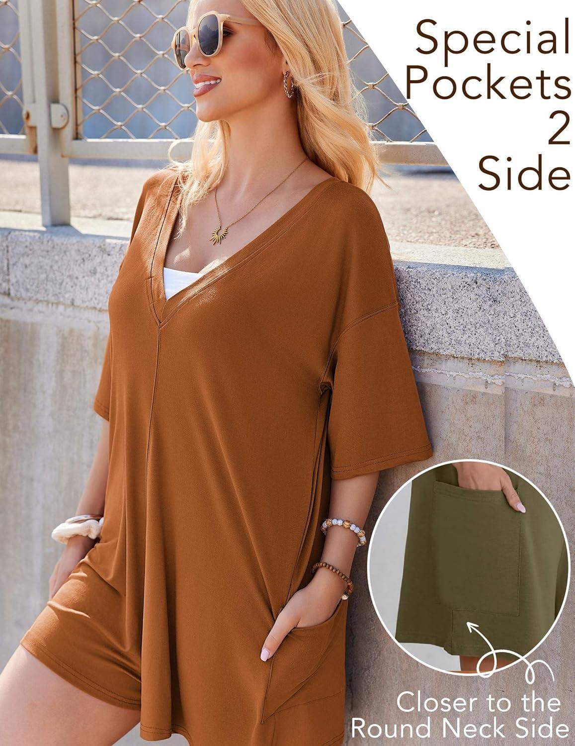 imageEkouaer Summer Rompers for Women Short Sleeve Oversized Tshirt Romper Reversible Baggy Jumpsuit Outfits with PocketsCaramel