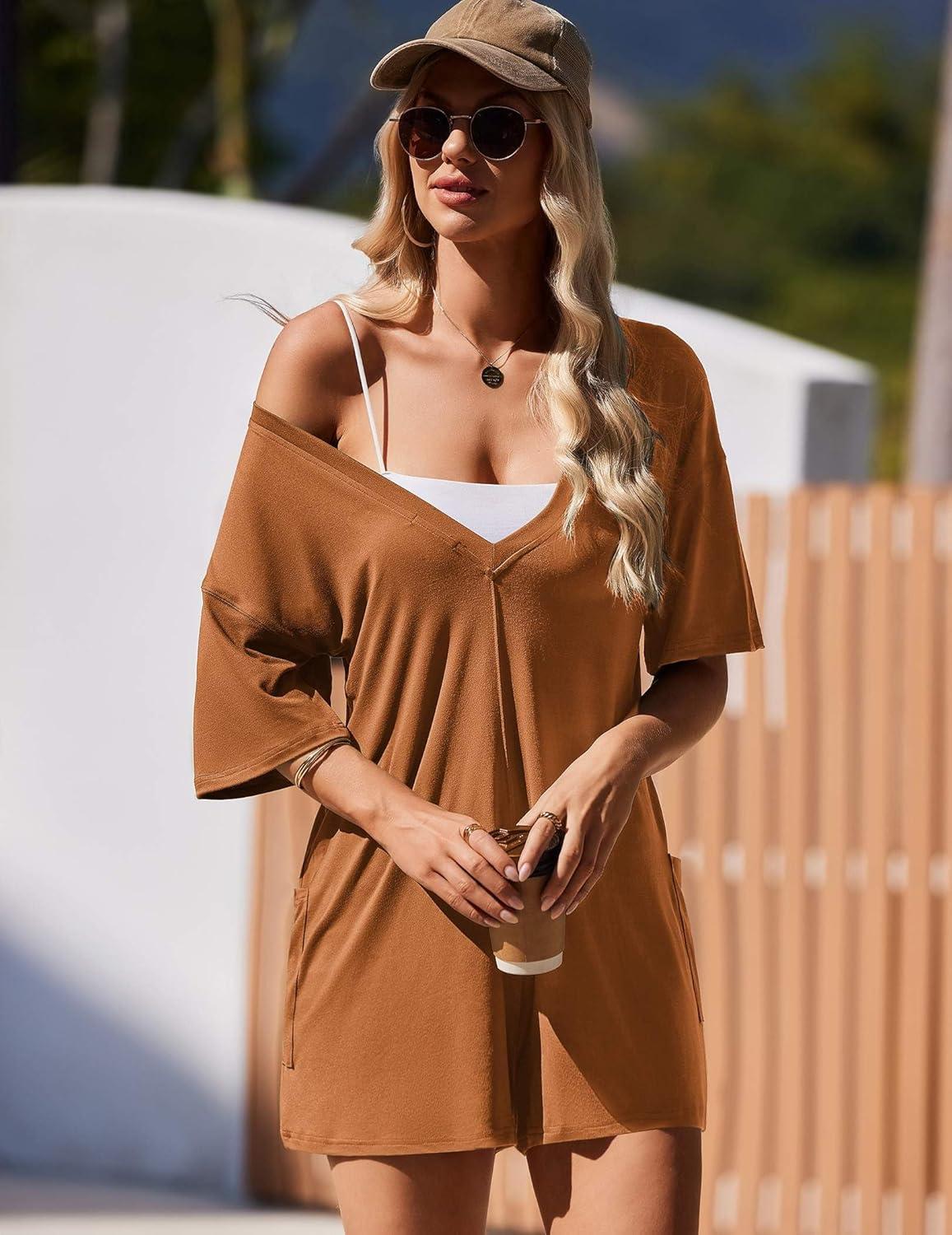 imageEkouaer Summer Rompers for Women Short Sleeve Oversized Tshirt Romper Reversible Baggy Jumpsuit Outfits with PocketsCaramel