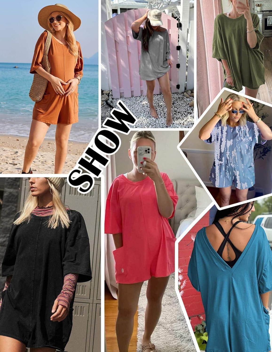 imageEkouaer Summer Rompers for Women Short Sleeve Oversized Tshirt Romper Reversible Baggy Jumpsuit Outfits with PocketsCaramel