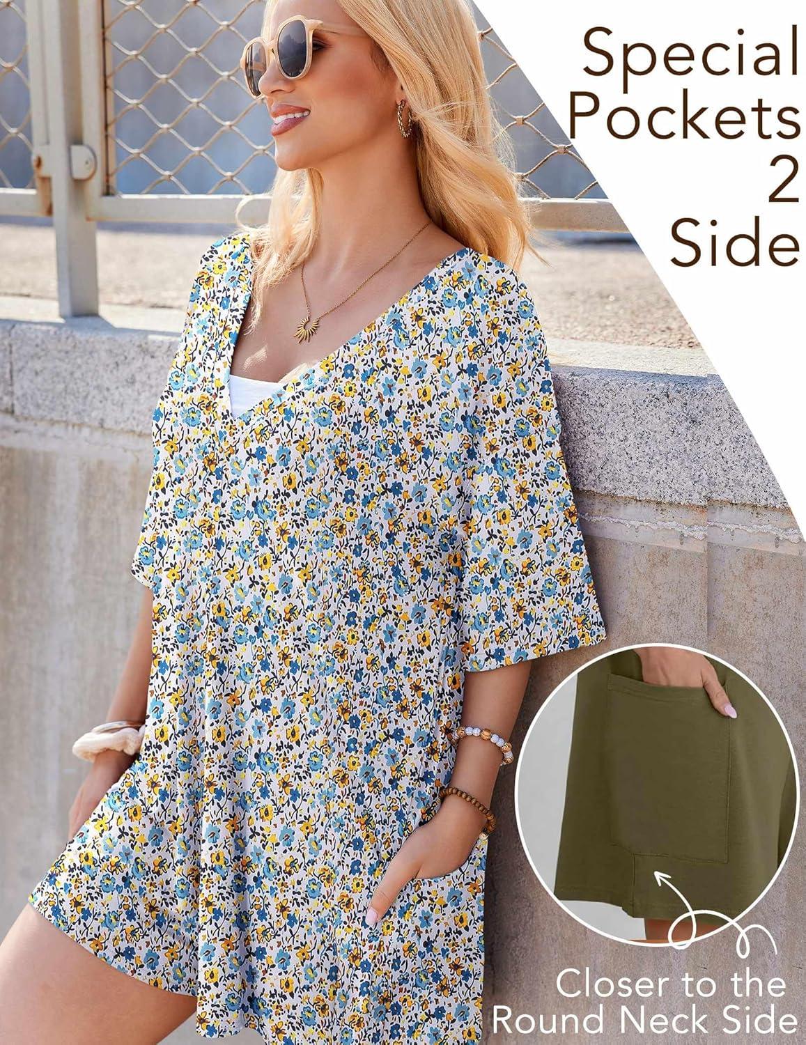 imageEkouaer Summer Rompers for Women Short Sleeve Oversized Tshirt Romper Reversible Baggy Jumpsuit Outfits with PocketsFloral White