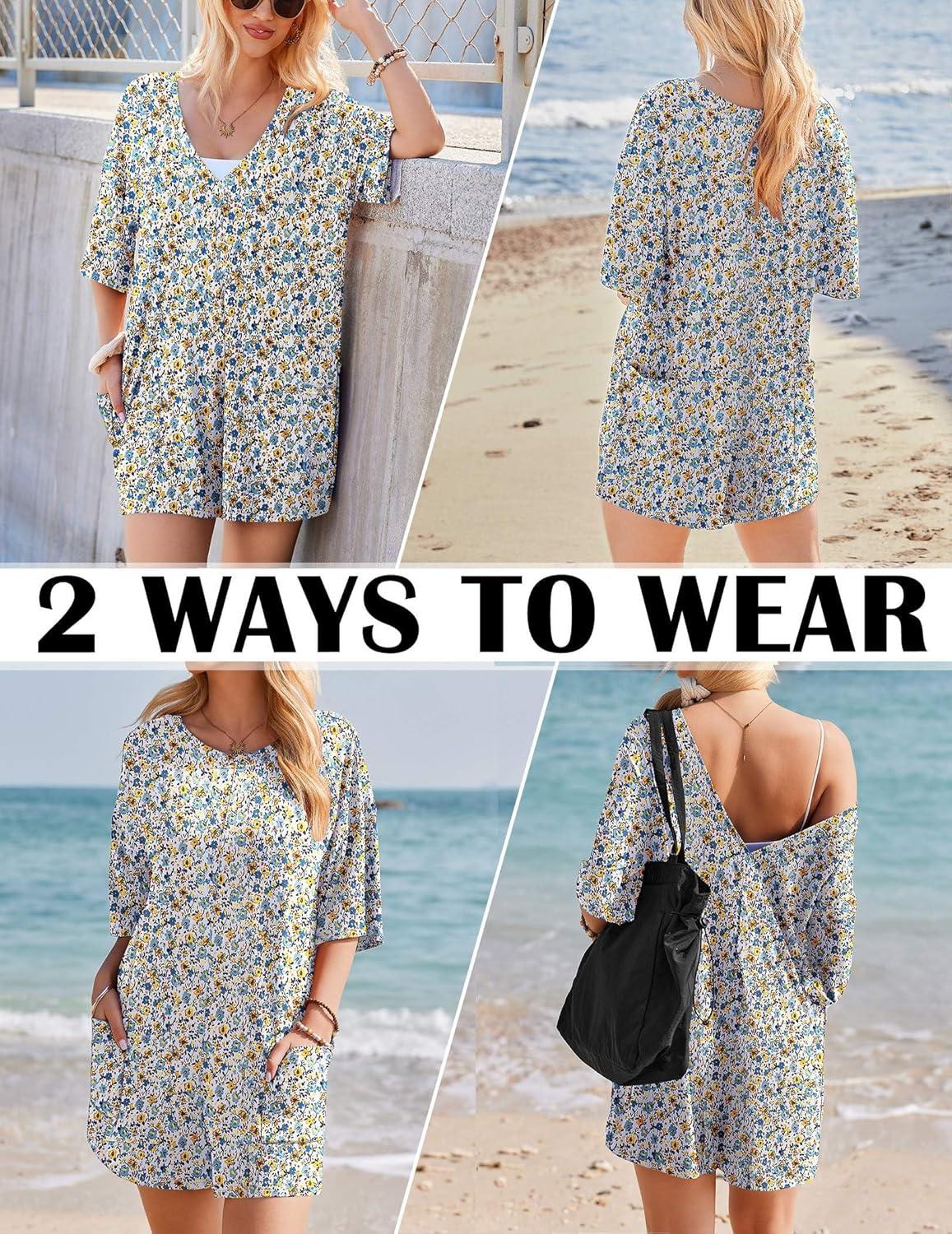 imageEkouaer Summer Rompers for Women Short Sleeve Oversized Tshirt Romper Reversible Baggy Jumpsuit Outfits with PocketsFloral White