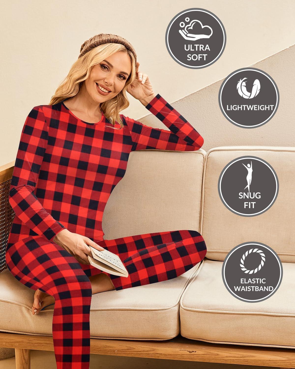 imageEkouaer Thermal Underwear for Women Long Johns Sets Base Layer Lightweight 2 Pieces Pajams SetPlaid Red