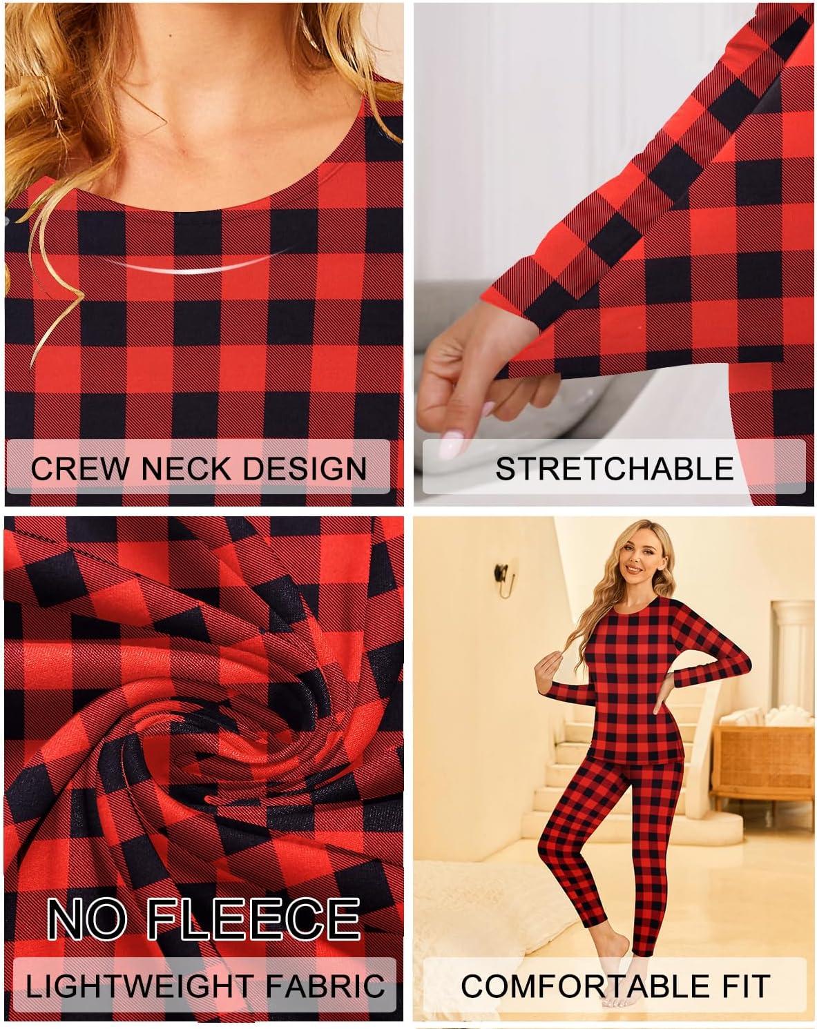 imageEkouaer Thermal Underwear for Women Long Johns Sets Base Layer Lightweight 2 Pieces Pajams SetPlaid Red