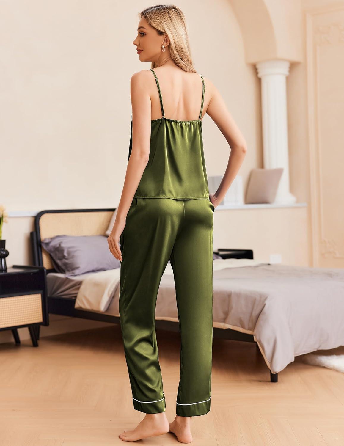 imageEkouaer Women Silk Satin Pajamas Sleeveless Pjs Set 2 Piece Summer Loungewear Sleepwear with Pockets SXXLArmy Green